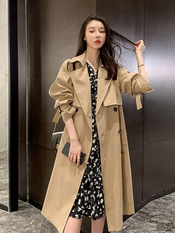 2023 Winter  Jacket Trench Coat for Women Clothes Women Solid Color Lapels Double Row Buttons Long Windbreaker Ladies Work Tops