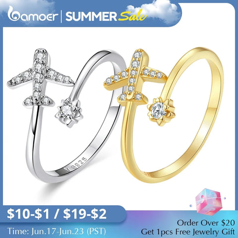 BAMOER Genuine 925 Sterling Silver Flying Plane Open Finger Rings for Women Clear CZ Adjustable Rings Fine Jewelry Bijoux SCR623