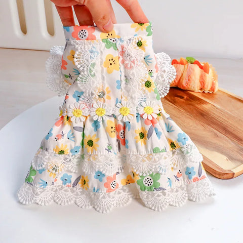 Cute Floral Girl Dogs Dress for Chihuahua Court Fashion Lady Puppy Fancy Dresses Long Skirt Party Outfits Pet Cats Overall