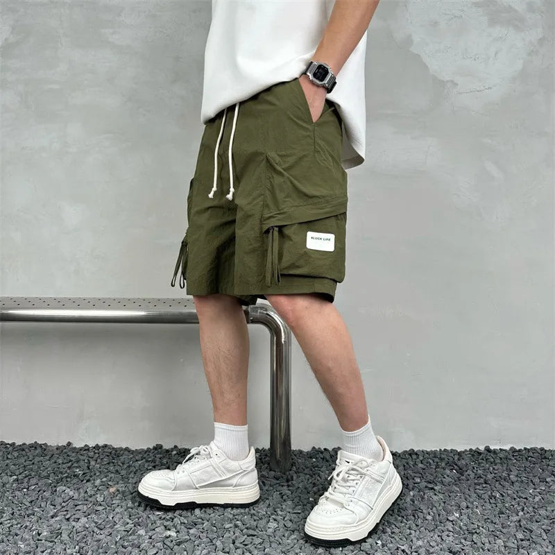 Quick Drying Summer Multi Pocket Thin Solid Color Simple Loose Cargo Shorts Men's Casual Trendy Sport Five Point Pants