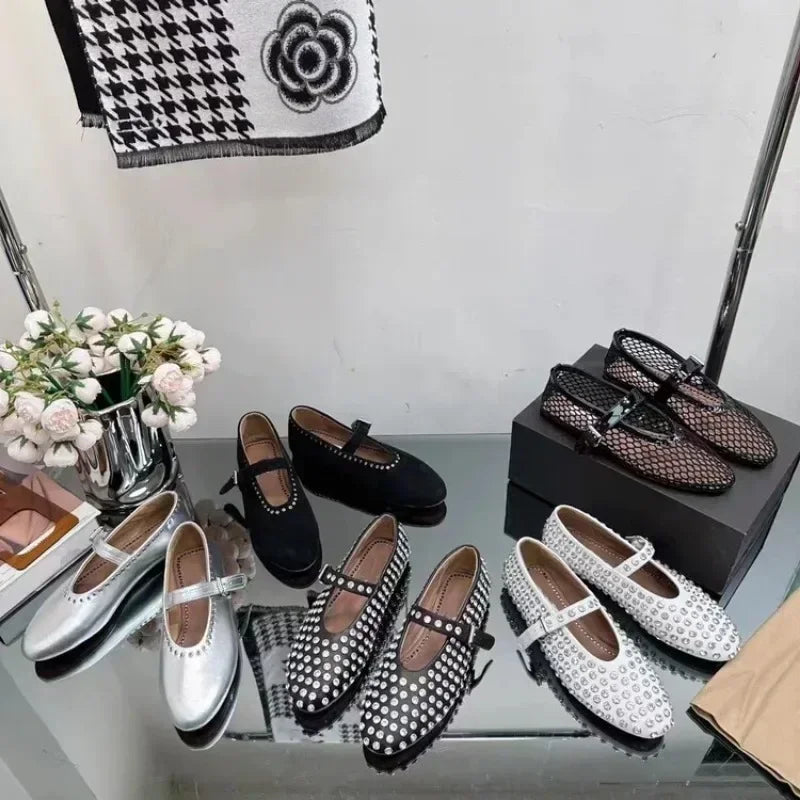 European and American Women's Fashionable Diamond Studded Mary Jane Single Shoes Casual Flat Bottomed Round Toe Buckle Shoes