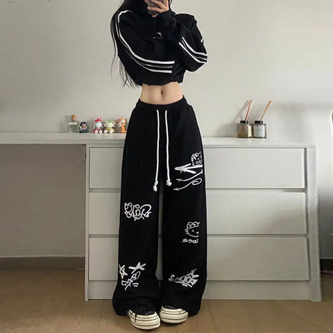 Retro streetwear graffiti pants Hip hop baggy sweatpants versatile straight leg trousers wide leg drawstring slacks Y2K pants