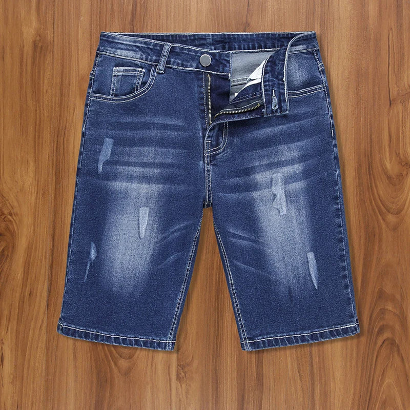 New Summer Men's Stretch Ripped Short Jeans Blue Denim Shorts Pants Large Casual Middle Pants