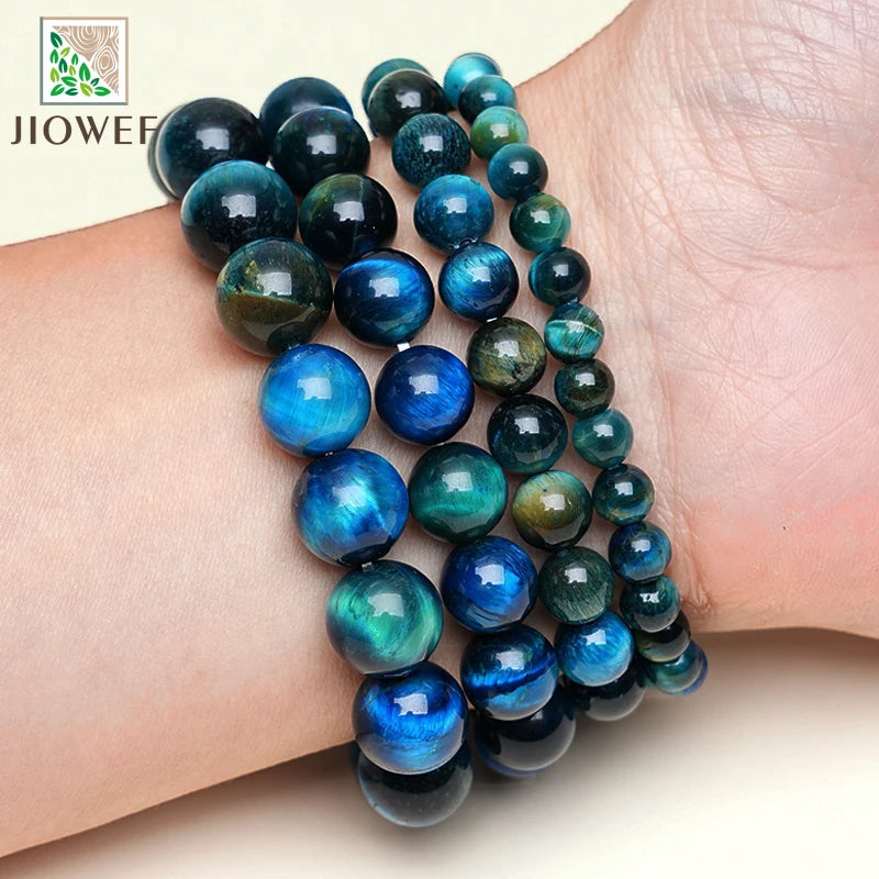 Peacock Blue Tiger Eye Bracelet Charms Luxury Fine Jewelry Couple Personalized Beaded Bangle Men Women Holiday Gifts 6/8/10/12mm