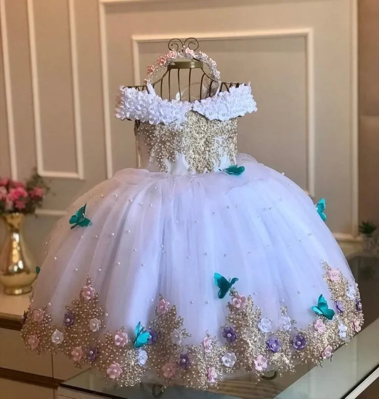 Baby Girls Dresses Off Shoulder Pearls Lace Butterflies Flower Princess Dress Infant First Birthday Party Gown  Communion Gift