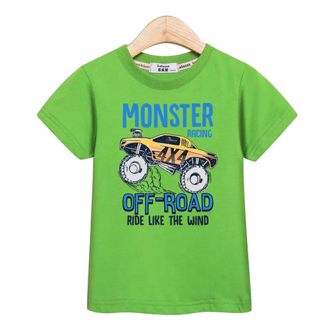 3-13T Baby Boys Monster Truck T-shirt Children Short Sleeved Cotton Clothing Summer Cartoon Shirt