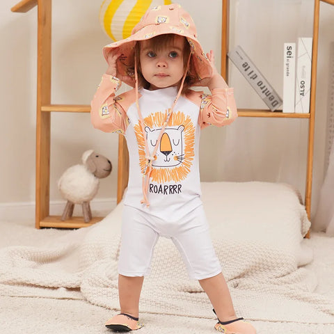 Baby Swimsuit One-Piece Bathing Suit Boy with Sun Cap UPF50 UV Protection Long Sleeve Dinosaur Children's Swimwear for Toddler