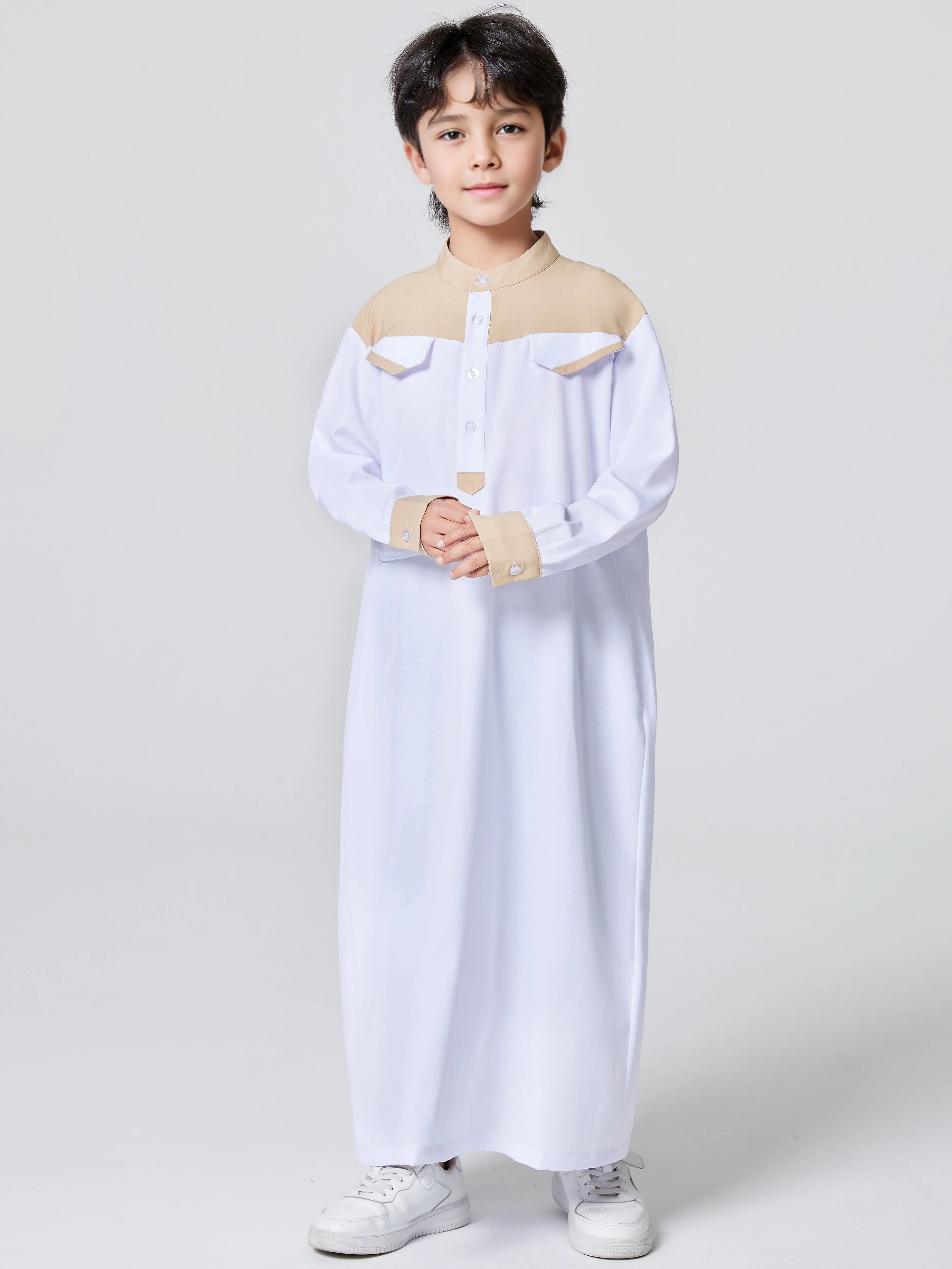 Ramadan Boys Middle East Islam Long Sleeve Arab Dubai Robe, Muslim Casual Ethnic Style Boys Long Sleeve Thobe Abaya Clothing