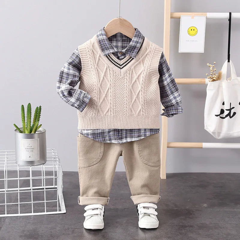 Baby Boy Clothes Mother Kids Spring Clothing Sets Sweater Vest 3pcs  Toddler Pants Cotton Korean Version of Children's Set Suit