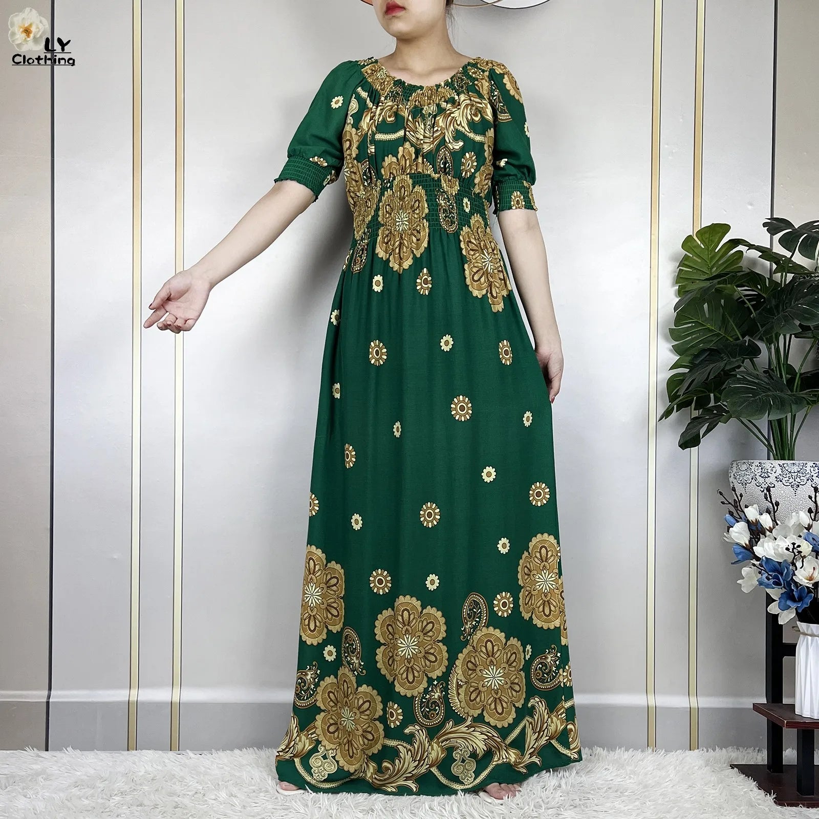 New Summer Muslim Abayas Fashion For Women Floral Elasticity Loose Femme Elegant Robe Maxi African Casual Dresses With Turban