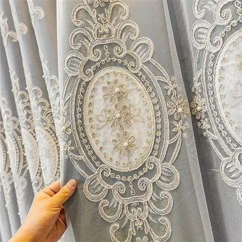 Luxury Embossed Embroidered Double Layer Curtains for Living Room Blackout 3D Floral Pearl Sheer Tulle Bedroom Decor Custom lace