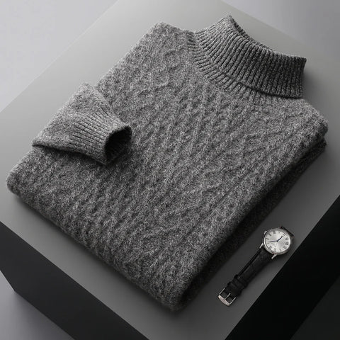 New autumn and winter 100% merino wool men's high-necked double-stranded thick jacquard pullover sweater knitted bottoming shirt