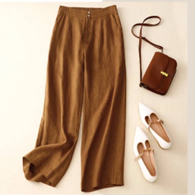 Linen High Waist Solid Color Wide Leg Pants