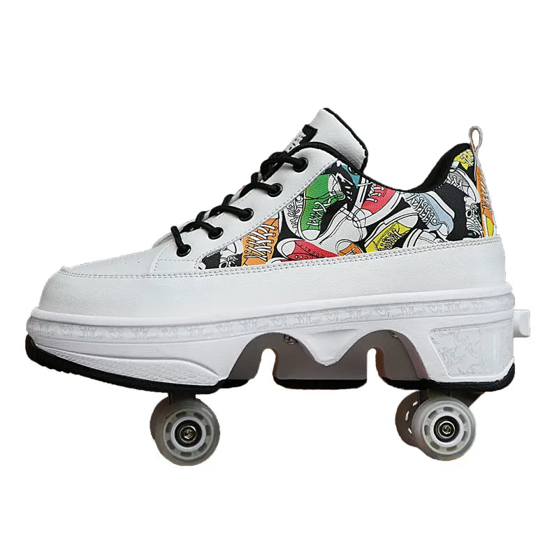 Retractable roller skates. Parkour sneakers, outdoor casual shoes