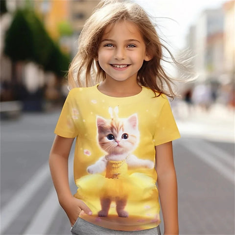 Cat Short Sleeve Horse Child Tshirt Summer Kawaii Kid T-Shirt For Children Tops Fashion Tee Girls Clothes From 8 To 14 Years Old