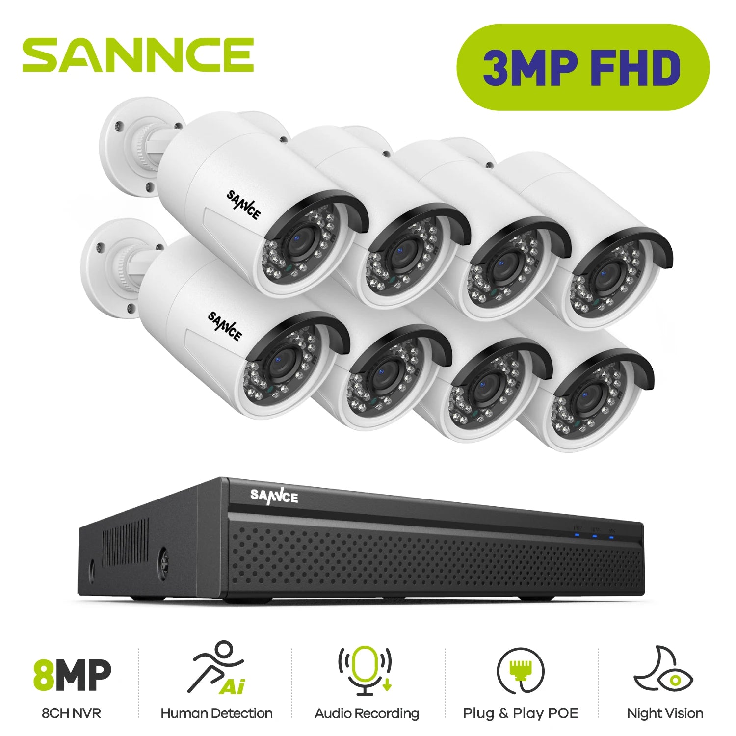 SANNCE 5MP POE Video Surveillance Cameras System 8CH H.264+ 8MP NVR Recorder 5MP Security Cameras Audio Recording POE IP Cameras