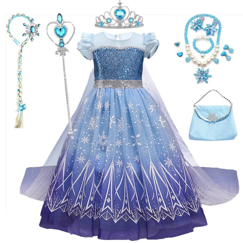 Girls Elsa Cosplay Princess Costume Frozen Role Play Fancy Dress Up Kids Birthday Party Clothes Sequin Mesh Princess Prom Gown