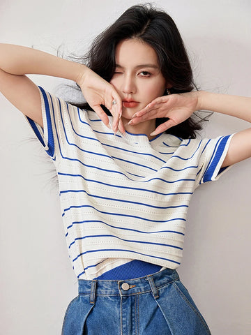 Summer Short Sleeve Striped T-Shirts Women Knitted Basic Casual Tops Female Cozy Loose Tee 2024 Harajuku Pullover