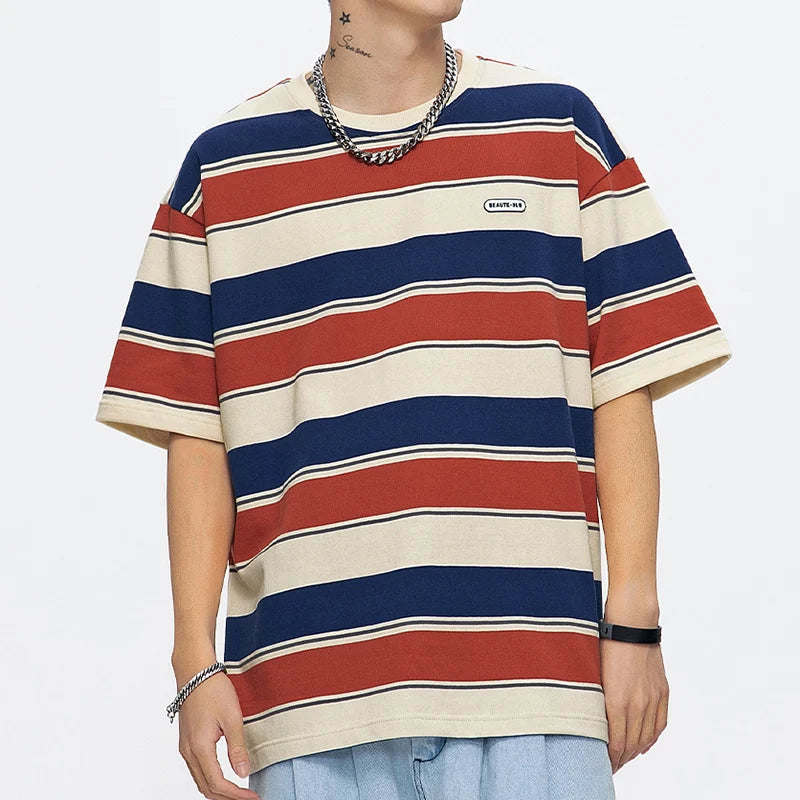 New Loose Contrast Color Short Sleeve Main Striped T-shirts Couples  For Men And Women In The Summer Of 2022