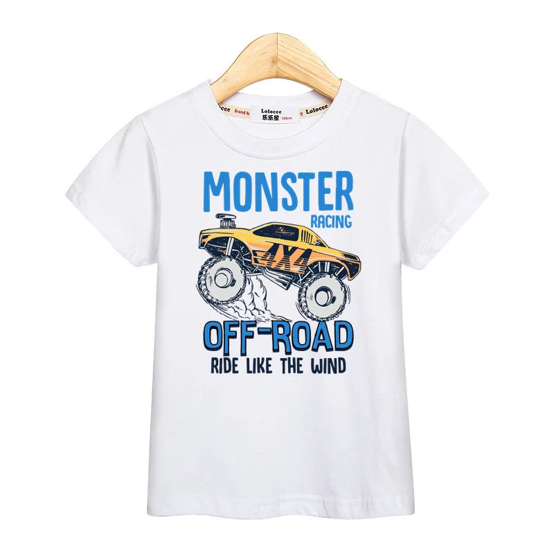 3-13T Baby Boys Monster Truck T-shirt Children Short Sleeved Cotton Clothing Summer Cartoon Shirt