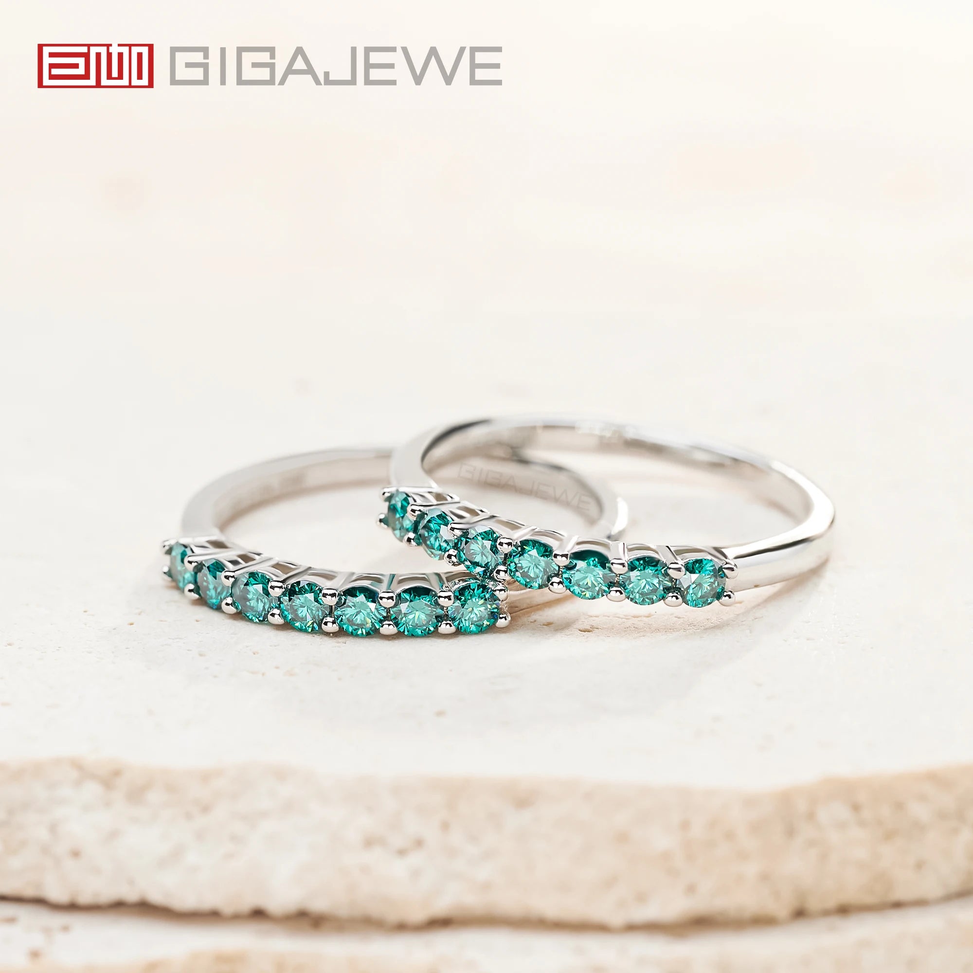 GIGAJEWE 2.3mm Total 0.3ct Half Circle 925 Silver Ring Round Cut  White D/Green/Blue Natural Color Moissanite Girl Gift