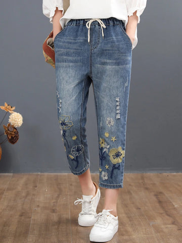 Jeans Women Casual Floral Denim Trousers Ripped Harem Pants