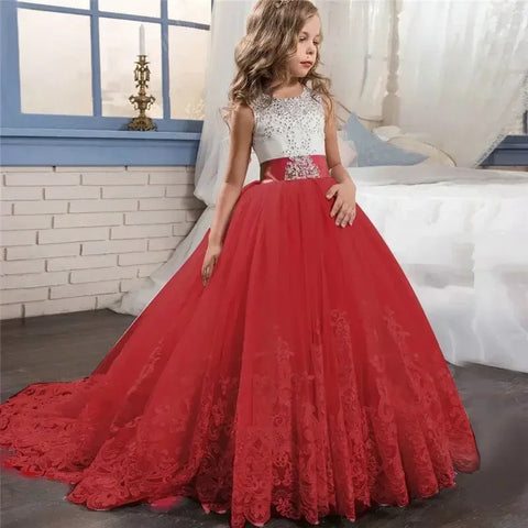 6-14 Years Lace Tulle Flower Girl Dresses Flower Bows Children First Communion Ball Gown Wedding Party Bridesmaid Dress for Kids