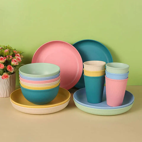 4pcs Wheat Straw Dinnerware Set Eco-friendly Safety Plates Cups Bowels Home Party Tableware Set Outdoor Camp Candy Colour Gift