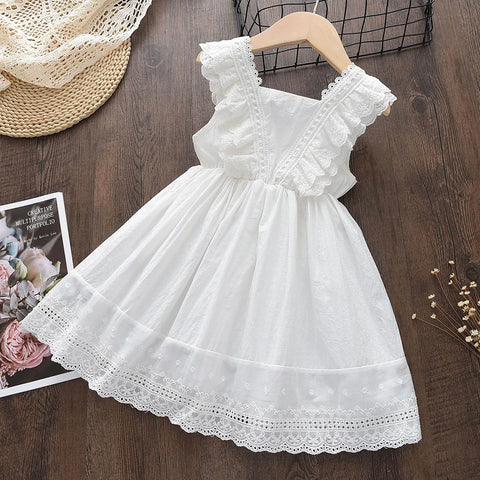 Summer Korean New Girls Flying Sleeve Princess Dresses 2-7Y Children's Casual Clothes Fashion Lace Dress Retro Vestidos Outfits