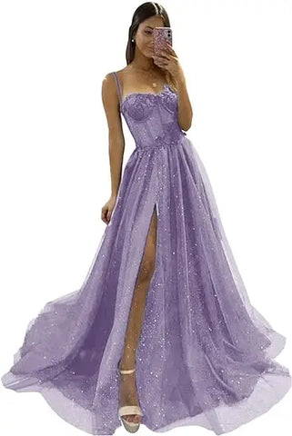 Glitter Tulle Ruffled Prom Dress Long Ball Gown Spaghetti Straps Lace Appliqued 3D Flower Slit Bridesmaid Dresses Cocktail party