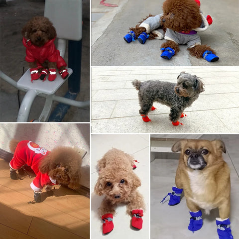 4pcs Antiskid Puppy Shoes Waterproof Winter Pet Dog Anti-slip Rain Snow Boots Footwear Thick Warm for Prewalkers Socks Booties