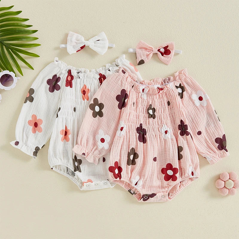 Newborn Baby Girls Casual Rompers Floral/Cherry Print Ruffles Long Sleeve Pleated Cotton Jumpsuits One-pieces Headband Outfits