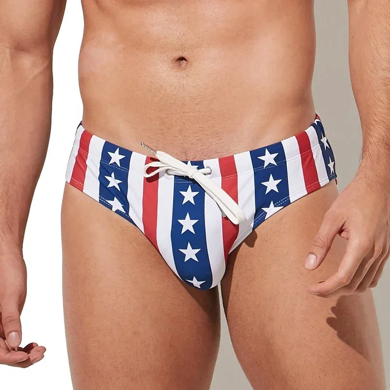 Sexy Man's Low Waist Swimming Tight Push-up Pad Swim Trunks Sport Briefs Swimwear Beach Short USA Flag Printing Summer US Size