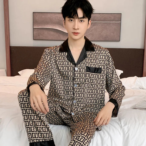 Ice Silk Long Sleeved Thin Sleepwear Set Male Home Wear