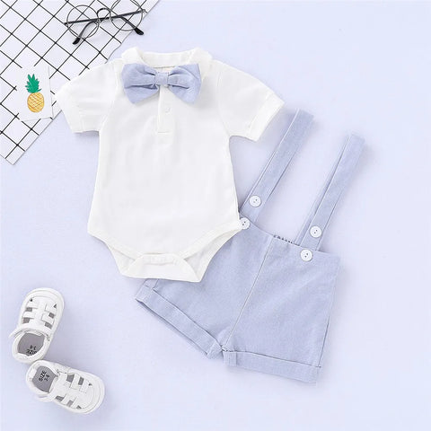 2PCS Newborn Baby Boy Clothes Set Formal Suit Gentleman Romper +Suspenders Shorts Toddler Boy Summer Outfits for 0-24 Months