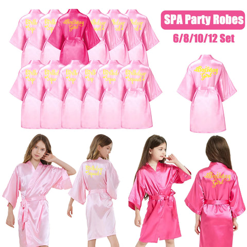 6-12Pcs Spa Girls Party Birthday Squad Robes Girl Kimono Spa Robe Pajama Party Favors Soft Satin Bathrobe for Kid Birthday Decor