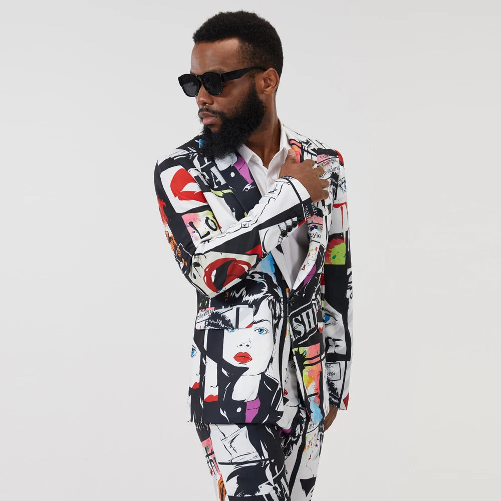 Graffiti Print Suit Collar Slim Fit