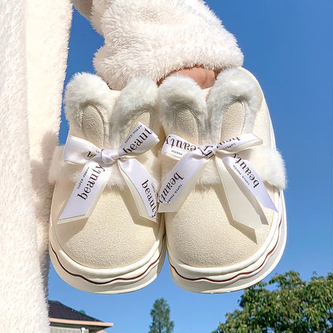 Winter Faux Suede Cotton Slippers for Women's Winter Home Rabbit Bow Cotton Slippers for Warmth, New Thick Soled Princess Style