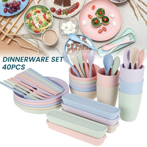 40Pcs Wheat Straw Dinner Sets Portable Tableware Set Detachable Cutlery Travel Tableware Picnic Dinnerware Camping Cutlery Set