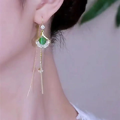 Vintage Gold Plated Zircon Ginkgo Leaf Green Opal Tassels Earrings for Women Fashion Creative Stainless Steel Earrings Jewelry