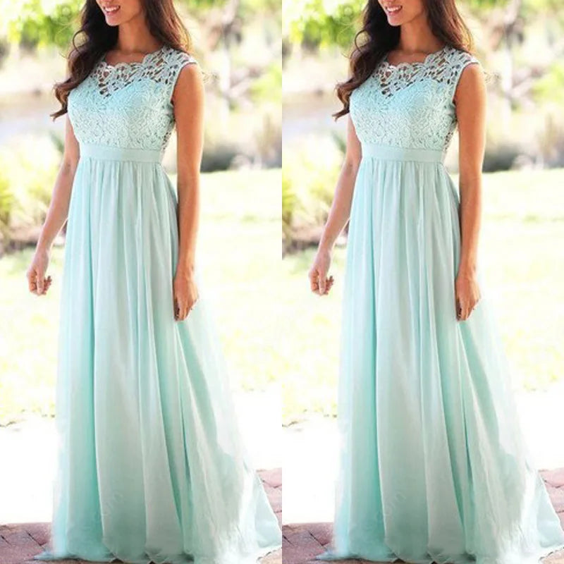 Elegant Chiffon Lace A Line Bridesmaid Dress Long Women Sleeveless O Neck Illusion Back Summer Beach Formal Evening Party Gown