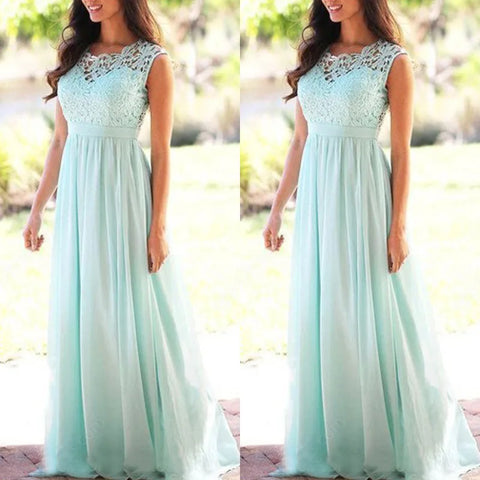 Elegant Chiffon Lace A Line Bridesmaid Dress Long Women Sleeveless O Neck Illusion Back Summer Beach Formal Evening Party Gown