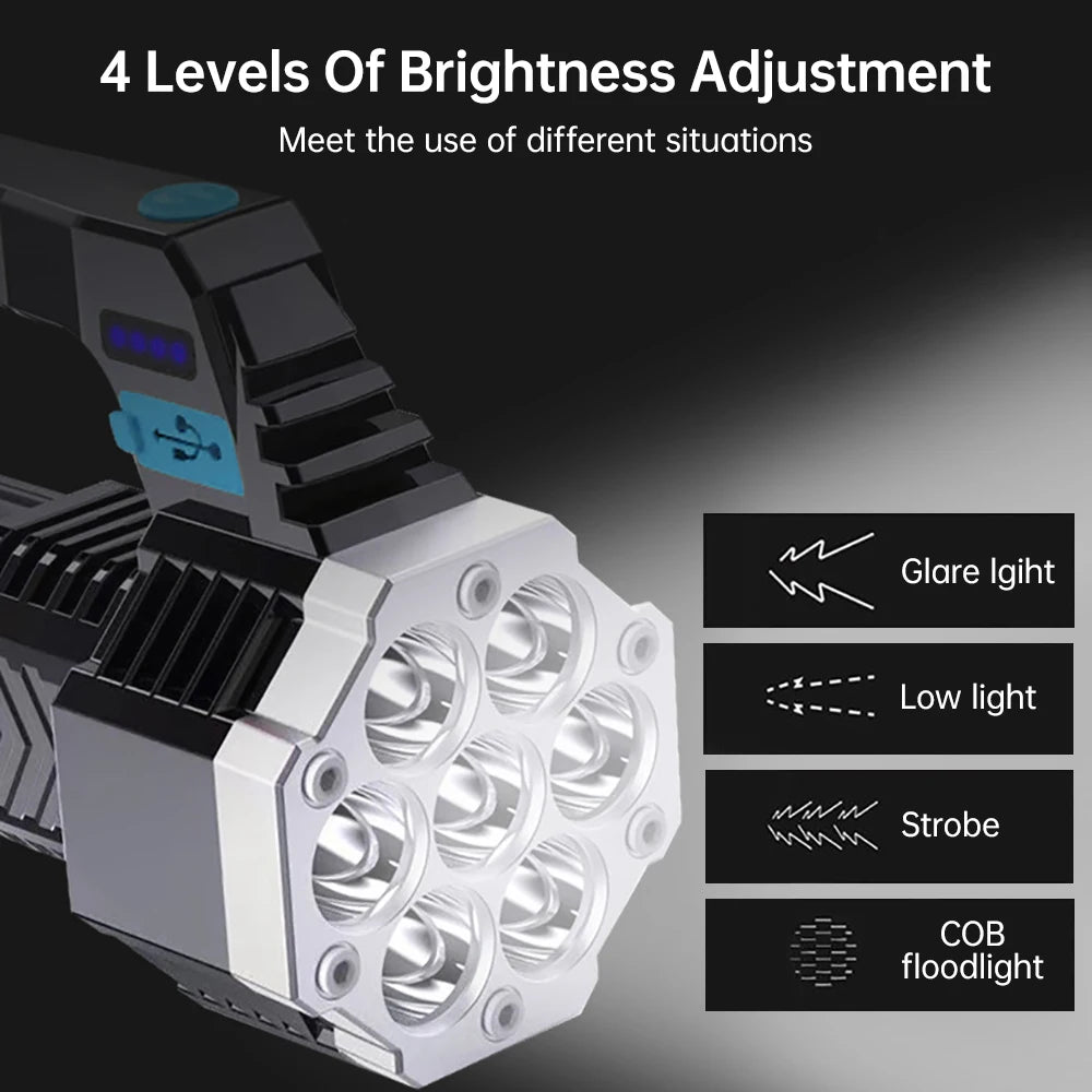 High Power LED Flashlight Powerful USB Rechargeable Torch Handheld Portable Outdoor Lamp Built-in Battery COB 7 LED Flashlights