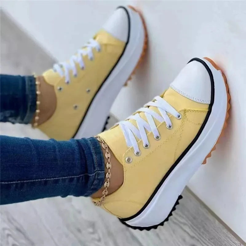 Classic White Canvas Shoes Women Sneakers Solid Lace-Up Casual Platform Shoes