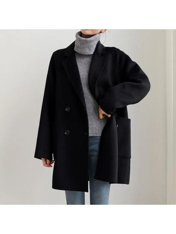 Double Breasted Simple Black 100% Wool Coat