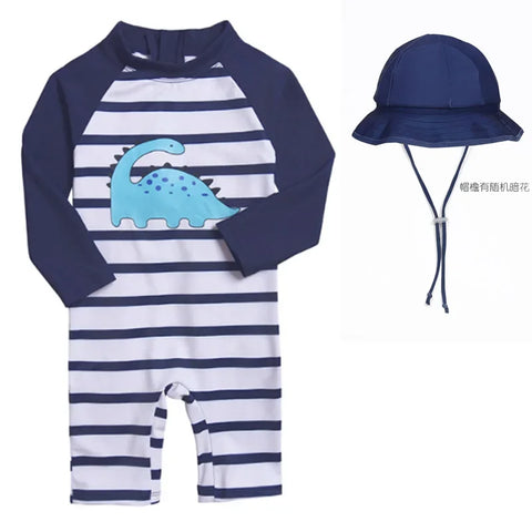 Baby Swimsuit One-Piece Bathing Suit Boy with Sun Cap UPF50 UV Protection Long Sleeve Dinosaur Children's Swimwear for Toddler