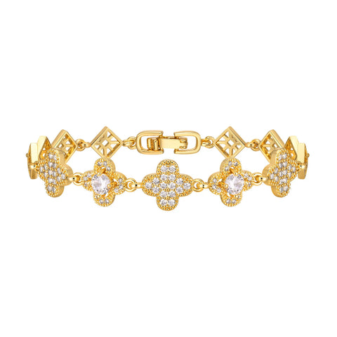 Cubic Zirconia Clover Bracelet for Women18k Gold Plated Link Statement Jewelry