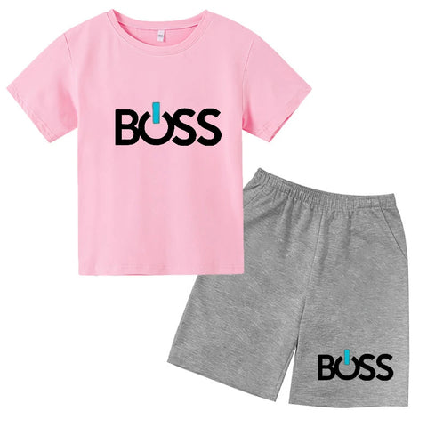 2024 Children's Summer Boss Pattern Printed Solid Color Short Sleeve Clothing Tee Sets Boys Girls New Style Casual Fashion Suits