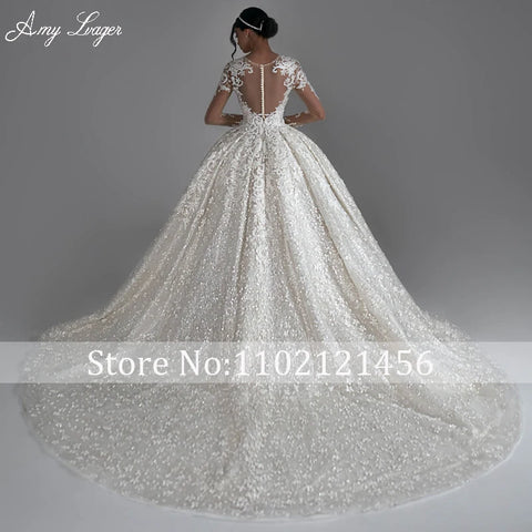 AmyLvager Classic O-Neck Long Sleeve Ball Gown Wedding Dress 2024 Luxury Beading Appliques Lace Court Train Princess Bridal Gown