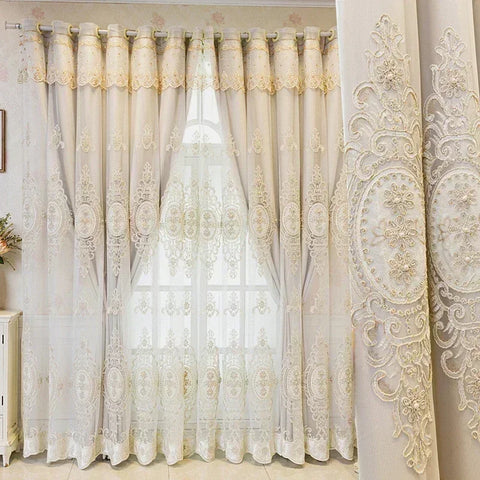 Luxury Embossed Embroidered Double Layer Curtains for Living Room Blackout 3D Floral Pearl Sheer Tulle Bedroom Decor Custom lace